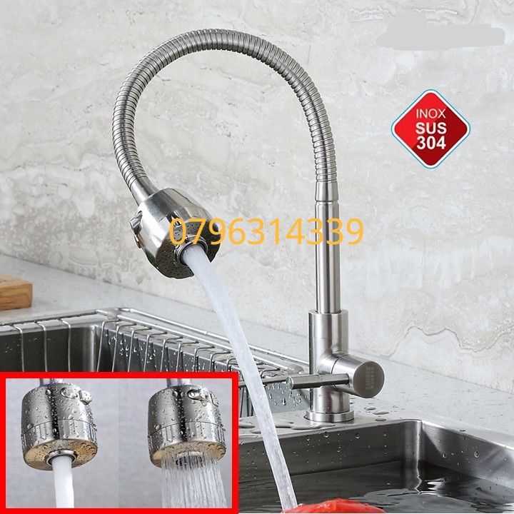 Vòi rửa chén bát lò xo bẻ lạnh inox 304 bẻ xoay 360 linh hoạt điều chỉnh 2 chế độ