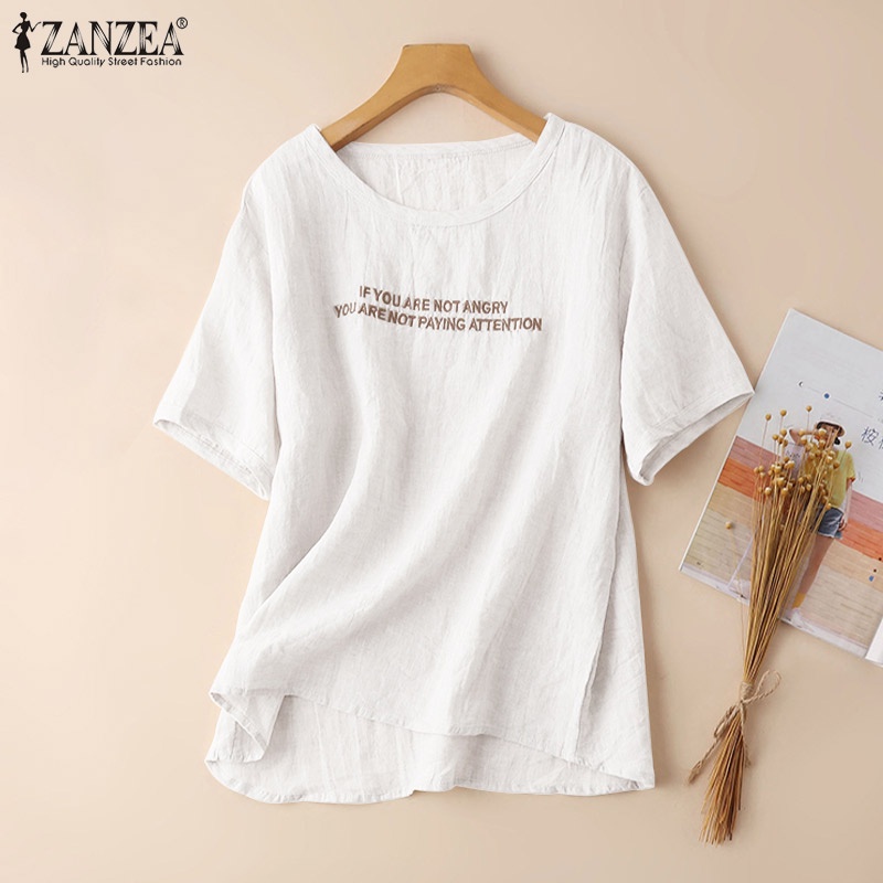 Áo thun Zanzea tay ngắn cổ tròn thêu chữ đơn giản thời trang cho nữ