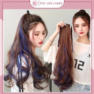 Tóc giả cột buộc xoăn dài higlight xanh phong cách cá tính