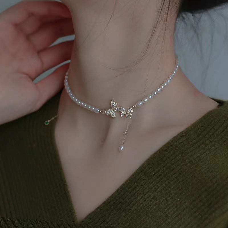 Vòng cổ choker hình bướm đính ngọc trai giả thời trang Hàn Quốc cao cấp sang trọng