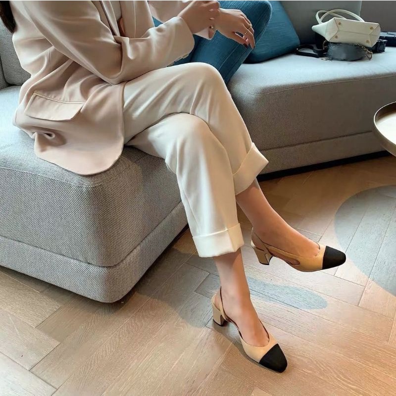 Giày cao gót mũi tròn gót trụ 7cm mũi vá đen thời trang-hàng chuẩn đẹp