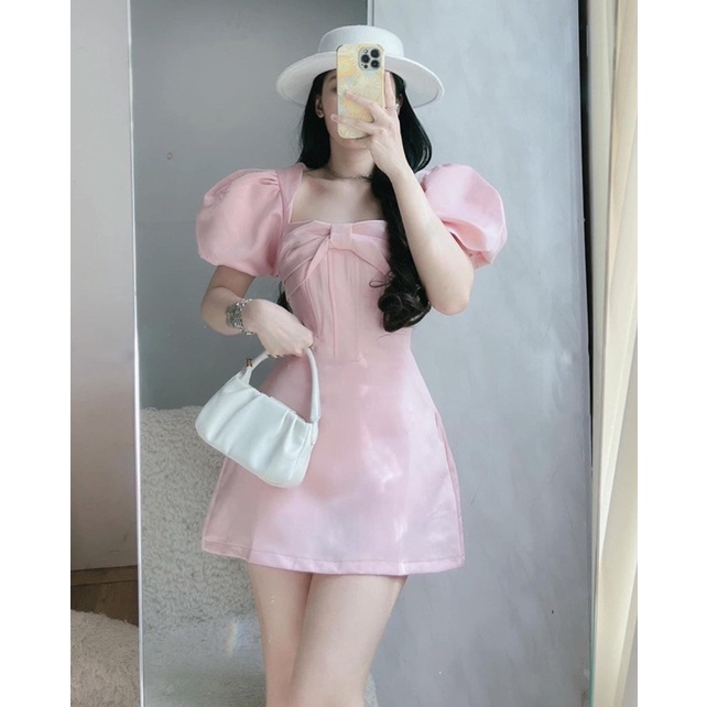 đầm hồng nơ tay phồng