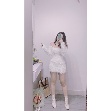 Đầm lông trễ vai tay dài freesize dưới 51kg - hình thật Carotshop | BigBuy360 - bigbuy360.vn