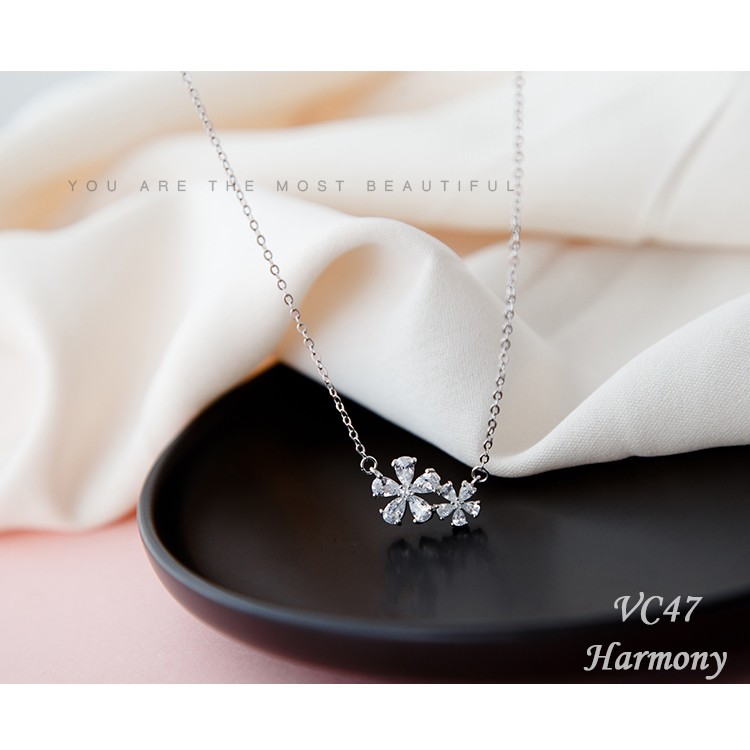 Vòng cổ, dây chuyền nữ bạc mạ vàng Flowers mặt hoa đính đá xinh xắn, sang chảnh VC47| TRANG SỨC BẠC HARMONY