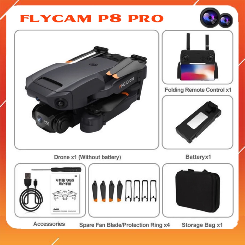 Flycam P8 PROvới camera kép 4K Wifi FPV 4 mặt - Drone tránh chướng ngại vật hồng ngoại RC Quadcopter