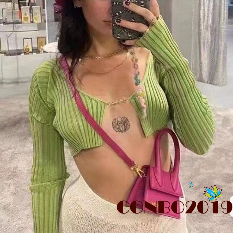 Áo Thun Mỏng Tay Dài Cổ Sâu Co Giãn Màu Sắc Trơn Dành Cho Nữ