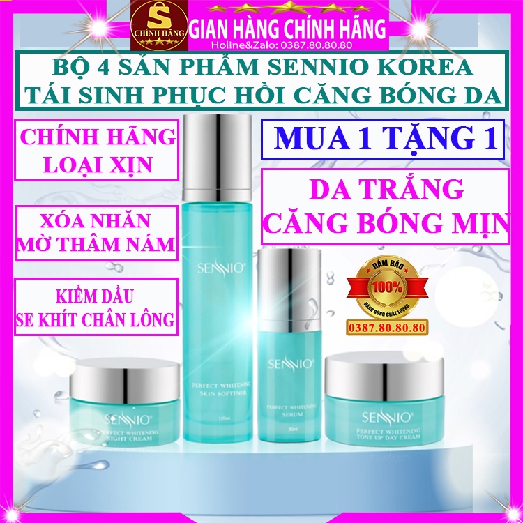 Bộ 4 sản phẩm dưỡng trắng căng bóng da mặt Sennio hàn quốc tái sinh phục hồi da cho da yếu dầu mụn khô nhạy cảm hỗn hợp