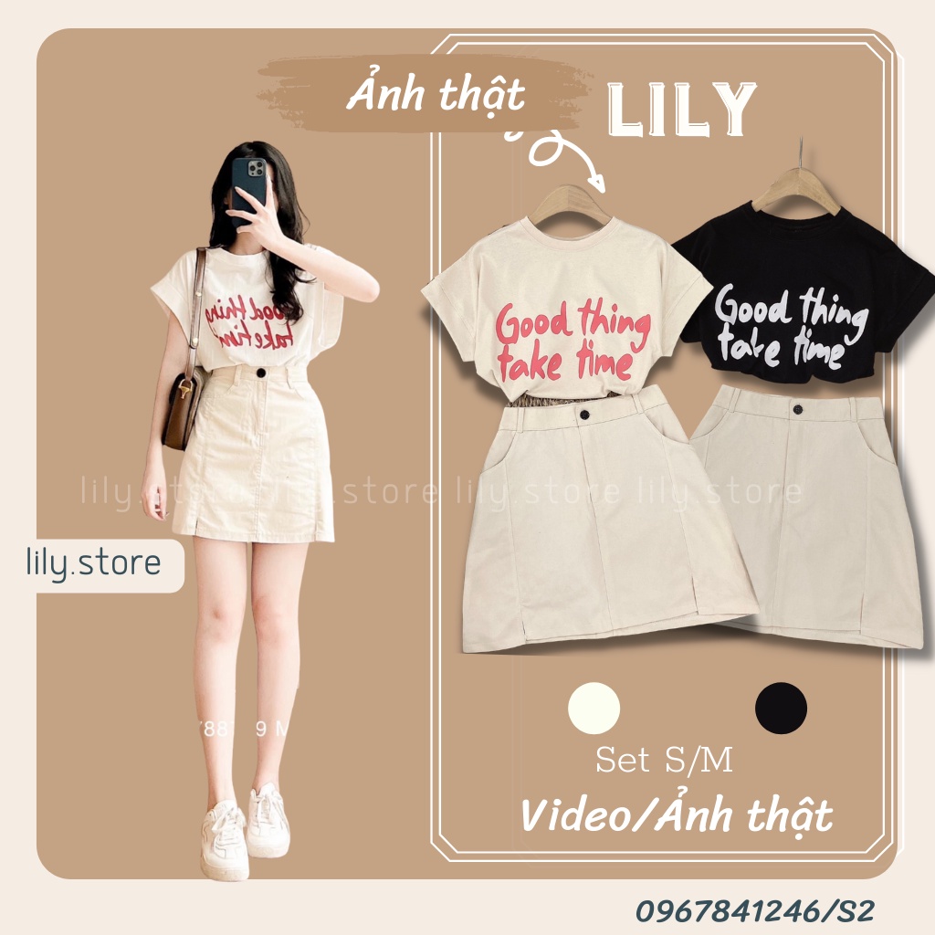 Set đồ nữ, Set áo phông mix chân váy chữ a kaki trẻ trung năng động size S, M S2 LILY