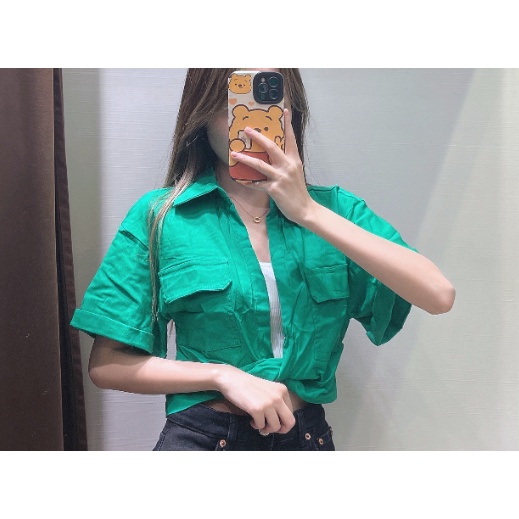 Zara Áo Sơ Mi Vải Lanh Co Giãn Dáng Ngắn Thời Trang Mùa Hè 7385036Áo blouse
