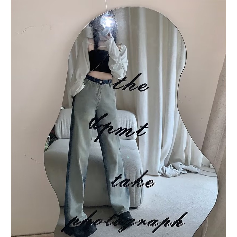 【ZHELIHANGFEI】Quần Jean Ống Rộng Lưng Cao Màu Gradient Theo Phong Cách Retro Dễ Phối Đồ