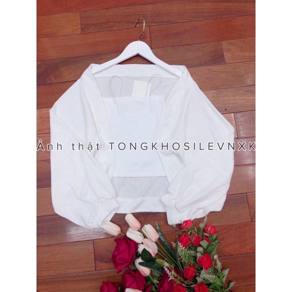 Set Áo Hai Dây + Áo Khoác Cardigan Màu Trơn Croptop - Bộ Áo Khoác Cánh Dơi Tay Phồng Dài Tay Áo Quây Nữ Trắng