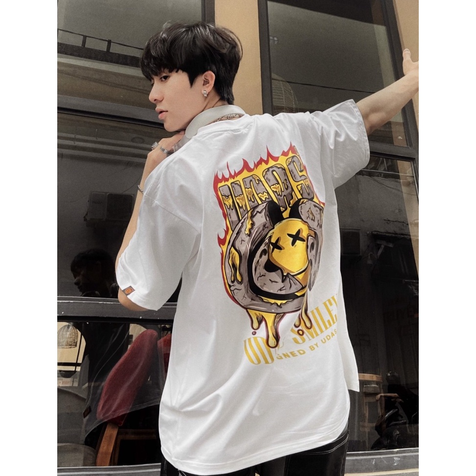 Áo thun tay lỡ UDAS phông Unisex nam nữ Cotton oversize form rộng SMILEY FLAME - Trắng | BigBuy360 - bigbuy360.vn