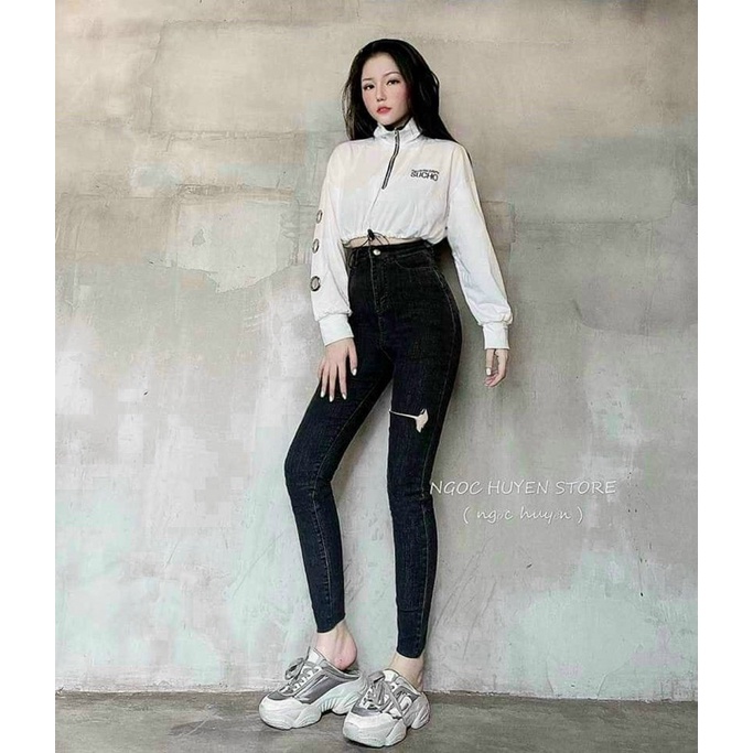Jeans dài lưng cao co giãn rách pt
