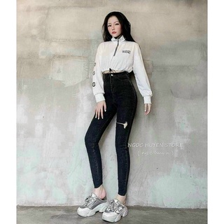 Jeans dài lưng cao co giãn rách pt