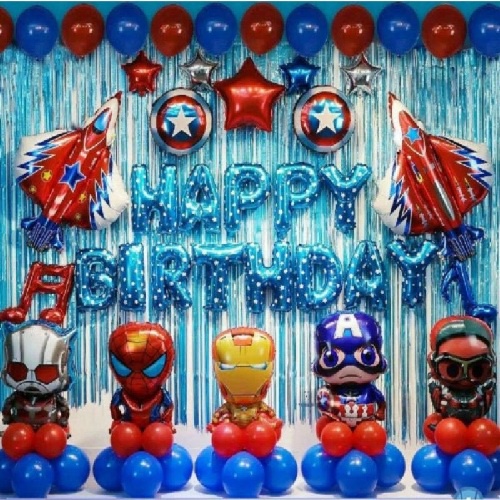 Set Bong Bóng Trang Trí Sinh Nhật Happy Birthday Chủ Đề Siêu Nhân Cho Bé Đầy Đủ Phụ Kiện Rèm Bơm Keo