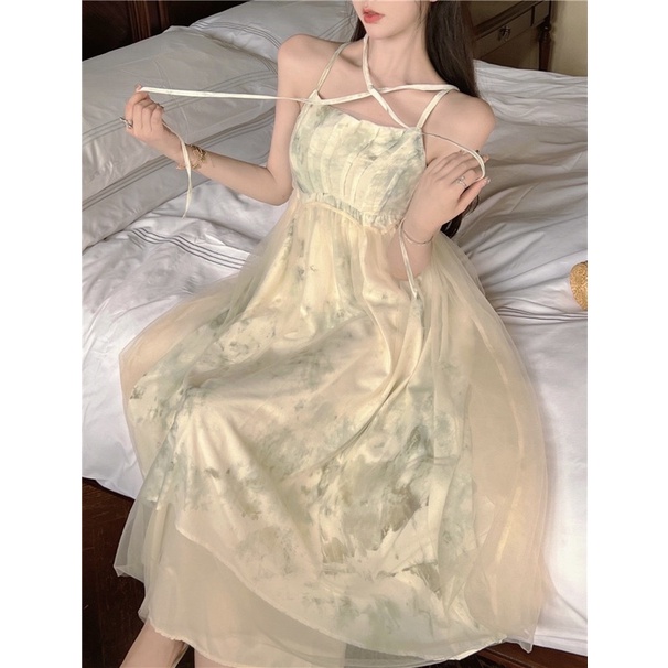 Váy 2 Dây Lưới Dáng Dài Xoè Màu Loang Tiểu Thư