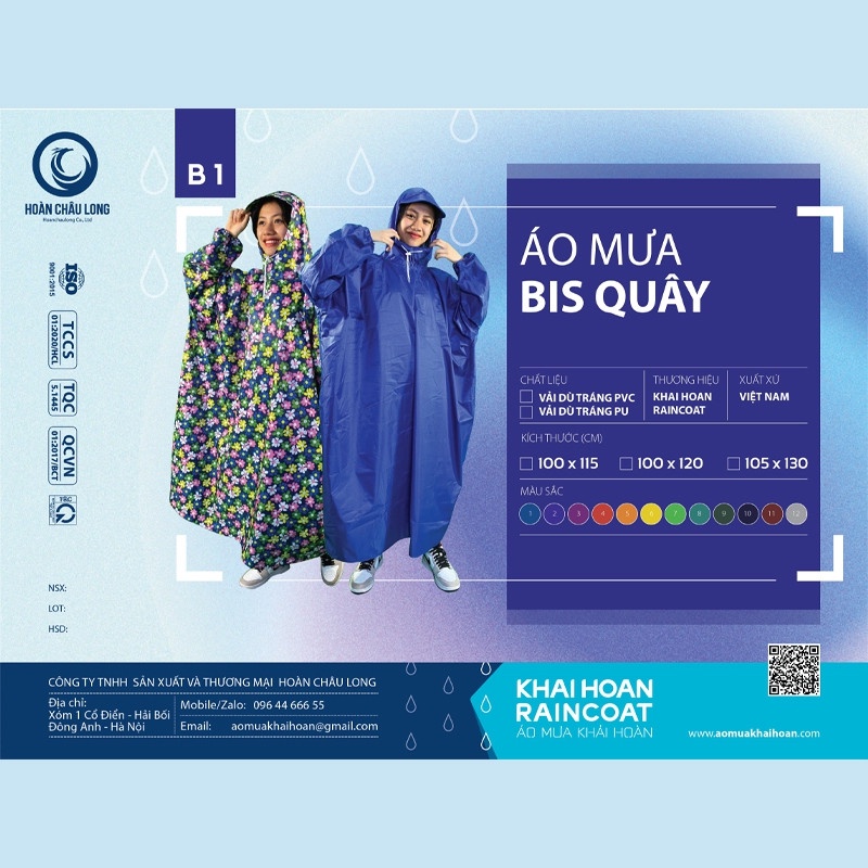 Áo mưa bít kín người lớn KHAHOCO không xẻ tà chất liệu vải dù siêu nhẹ siêu bền che mưa chống thấm tốt