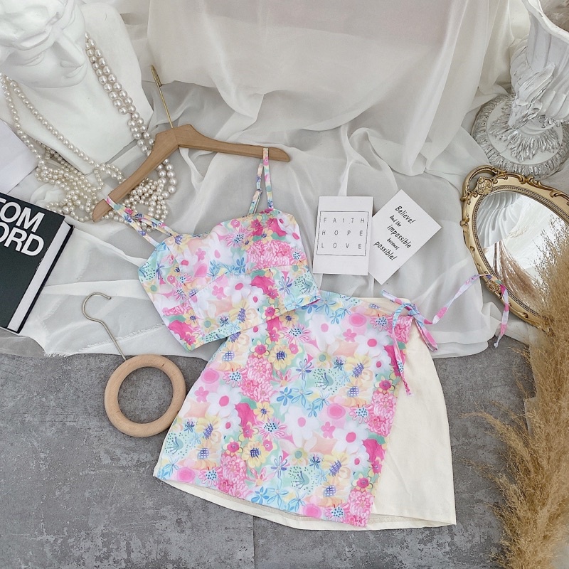 SET 2S CROP HOA + CHÂN VÁY HOA PHỐI NUDE ĐẮP THẮT EO🍁