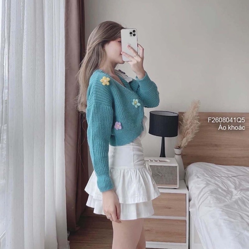 ÁO KHOÁC THUN GÂN CARDIGAN DÀI TAY XINH ĐÍNH HOA LEN MÓC MÓC BH9 (Ảnh thật cuối)