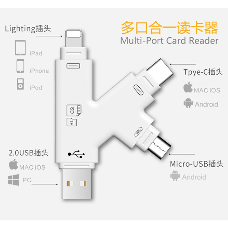 Đầu đọc thẻ nhớ cho điện thoại Android iPhone 4 trong 1 đa năng