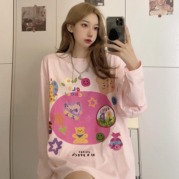 Jiashucheng Áo Thun Cotton Nguyên Chất Tay Dài Dáng Rộng In Họa Tiết Hoạt Hình Thời Trang Mùa Thu 2023
