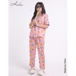 HIDRO Bộ pijama lụa satin tay cộc quần dài