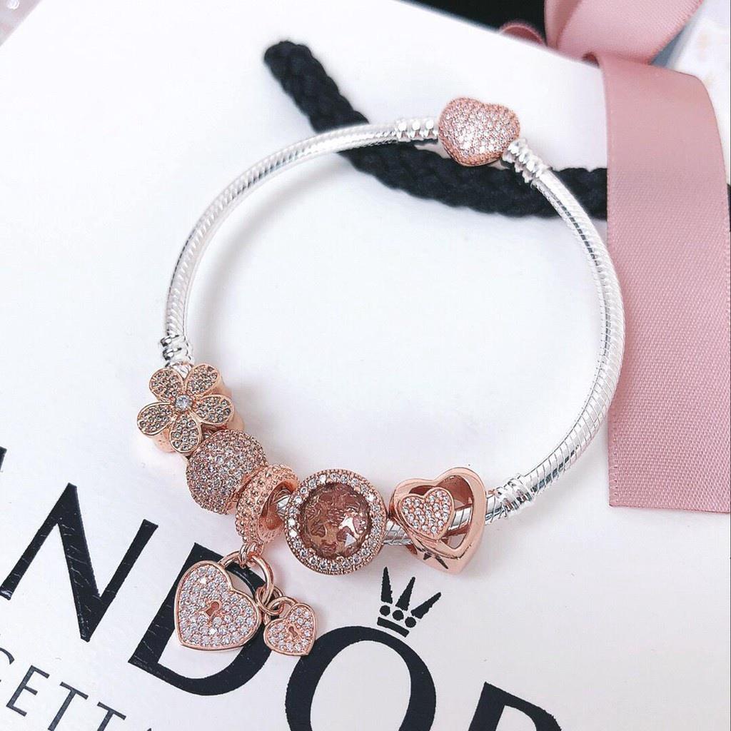 ☏♨Vòng Tay Pandora s925 100% charms Pinke Bằng Bạc Sterling Kèm Hộp Quà Giáng Sinh Thời Trang Mới 2021 ass2356