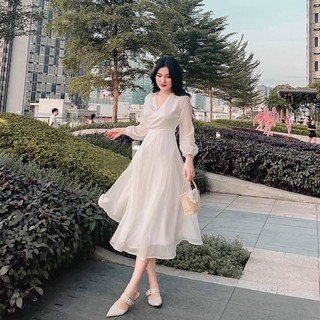 Đầm váy trắng đi tiệc cổ V form dài thắt eo (kèm hình thật)