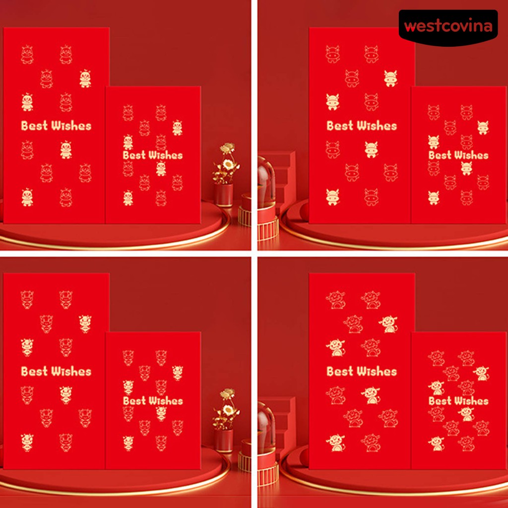 Set 6 bao lì xì đỏ in hình chú bò dễ thương cho năm mới 2021