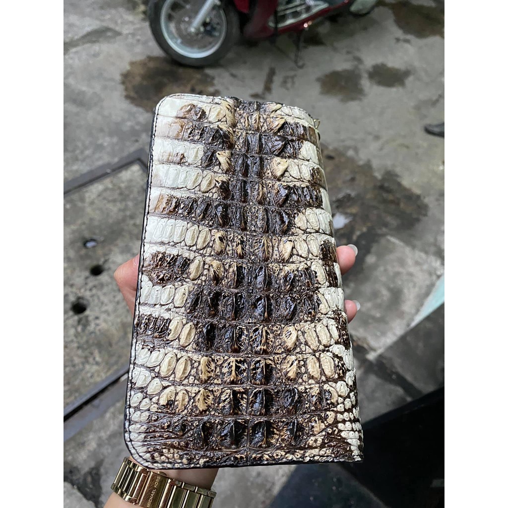 VÍ CẦM TAY ĐẦU DA CÁ SẤU MÀU NGUYÊN THỦY THẬT 100% 2 DÂY KÉO 22X12CM