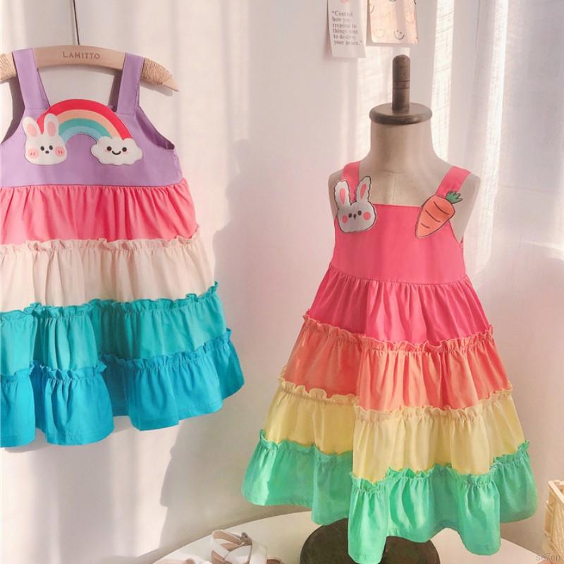 Đầm xếp ly họa tiết màu cầu vồng thời trang xinh xắn cho bé gái 1.5-4T