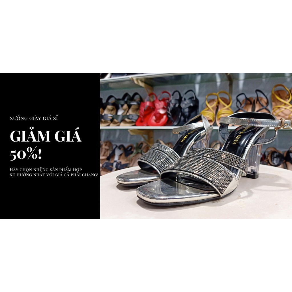 Giày Sandal Cao Gót Thời Trang Hở Mũi Phối Kim Tuyến Bạc Gót Vuông 7cm - XG0004