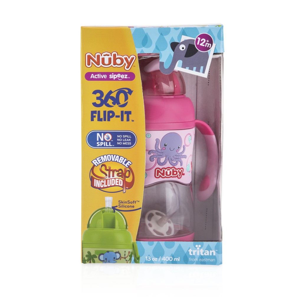 Bình uống nước Nuby ống hút 360 độ 2 tay cầm, kèm dây đeo có dung tích 400ml- Nhựa Tritan 10457