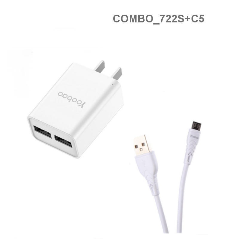 Bộ cốc sạc YOOBOO 2 cổng USB và dây sạc lightning / Micro USB dài 1m - CBO 722S C4 C5