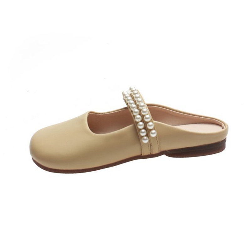 Dép bít mũi IELGY đế bằng đính ngọc trai giả màu trơn đơn giản thời trang cho nữ