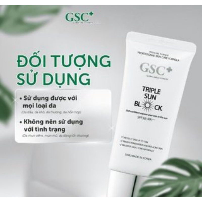 Kem chống nắng GSC Triple Sun Block SPF50+ PA+++ 50ml, Kem chống nắng vật lý bật tông ngăn ngừa nám Hàn Quốc