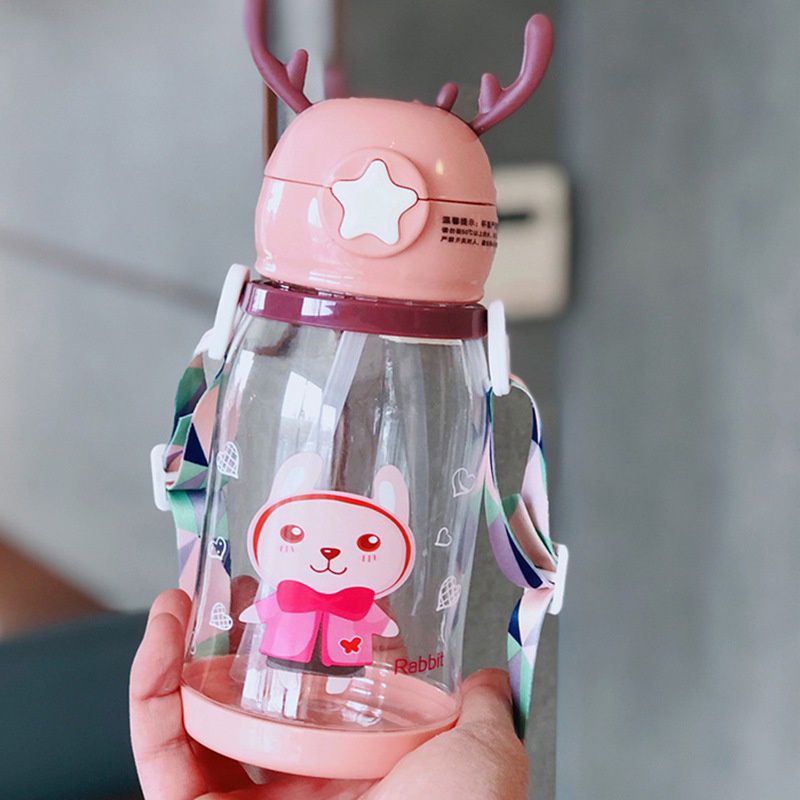 Bình nước cho bé, bình tập hút hình hươu nhựa tritan cao cấp 2 loại 600ml/350ml, kèm ống hút, dây đeo tiện lợi