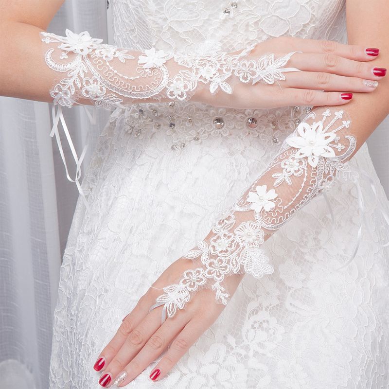 LY Women Wedding Fingerless Gloves Lace Faux Pearl Floral Applique Bowknot Mittens