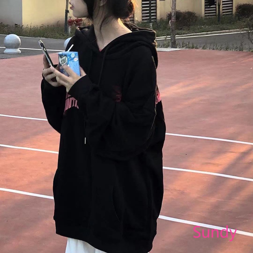 Áo hoodie màu đen lót nhung dày dặn thời trang mùa đông phong cách Hàn Quốc dành cho nữ