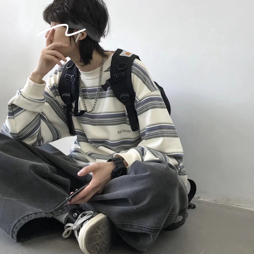 Áo Sweater tay dài dáng rộng họa tiết kẻ sọc phong cách vintage Hàn Quốc thời trang cho nam