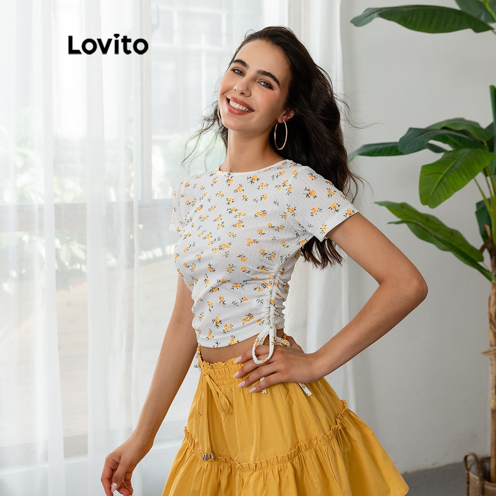 Áo Thun Croptop Lovito Rút Dây In Hoa Thời Trang Thường Ngày L03109 (Màu Trắng) | BigBuy360 - bigbuy360.vn