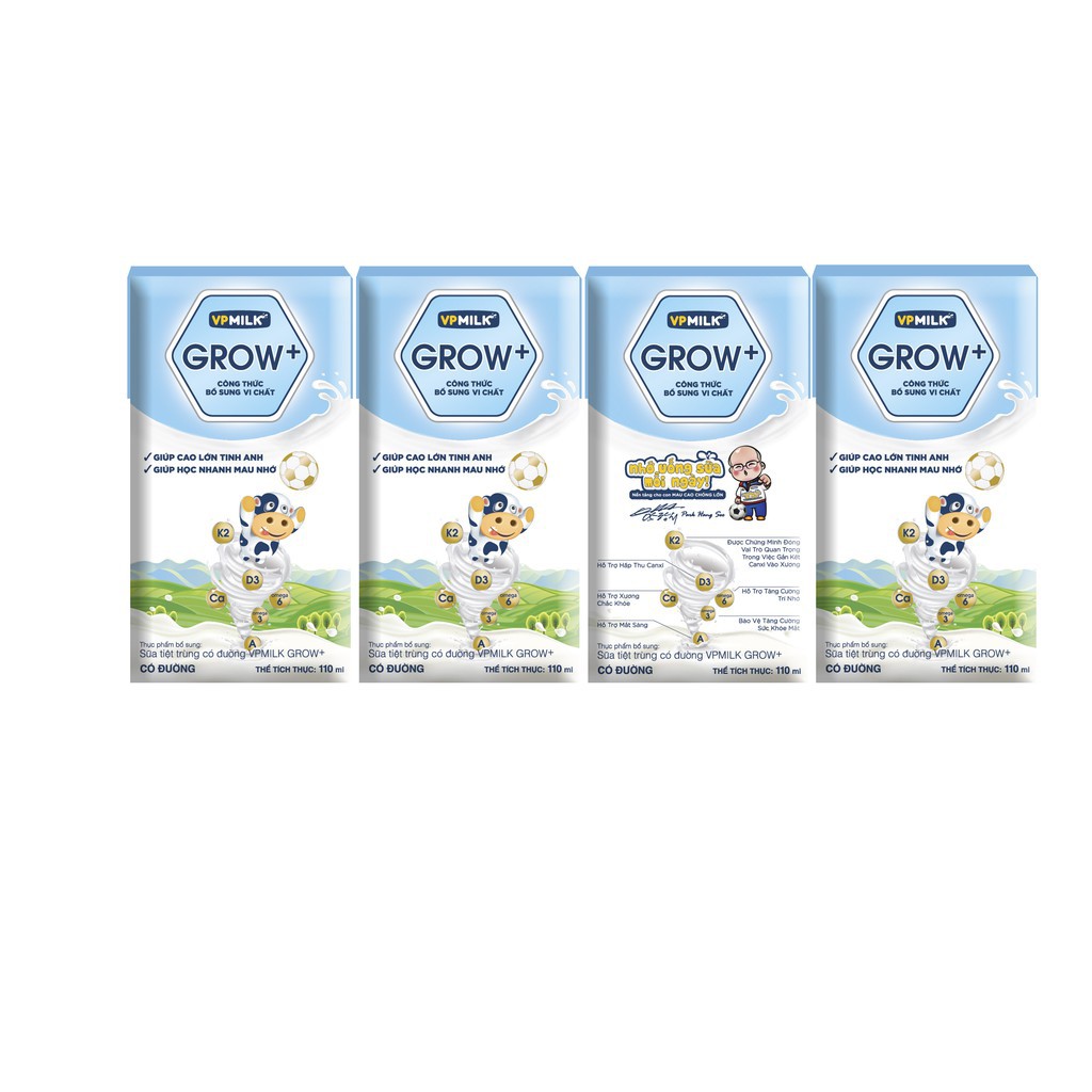 Thùng sữa tiệt trùng có đường VPMilk Grow+ trắng, chuối, dâu cho trẻ từ 1 tuổi trở lên (110ml và 180ml)