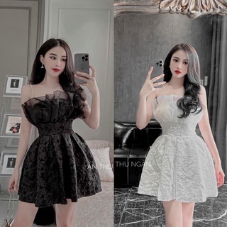 Đầm gấm hoa 2s xếp ly ngực voan bo eo 🖤