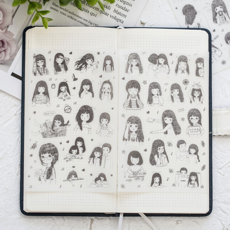 Set 6 tấm sticker Cô gái nhỏ trang trí sổ tay bullet journal M009