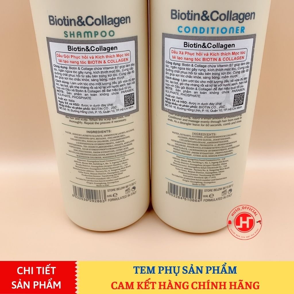 Dầu gội xả Biotin Collagen 500ml mềm mượt, giảm rụng tóc, kích mọc tóc, phục hồi tóc khô xơ - HUSO