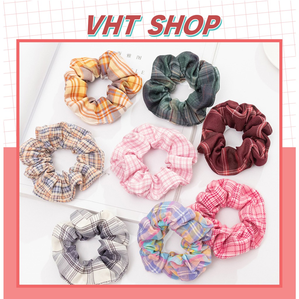 Dây buộc tóc scrunchies, dây cột tóc chun buộc tóc kẻ phồng dễ thương Hàn Quốc SC05 - VHT SHOP