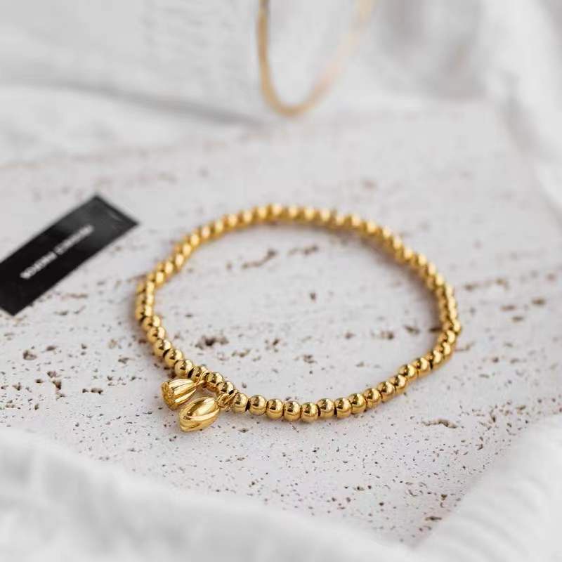 Vòng Tay Hạt Tròn Nhỏ Bằng Thép Titanium Mạ Vàng 18k Thời Trang Đơn Giản