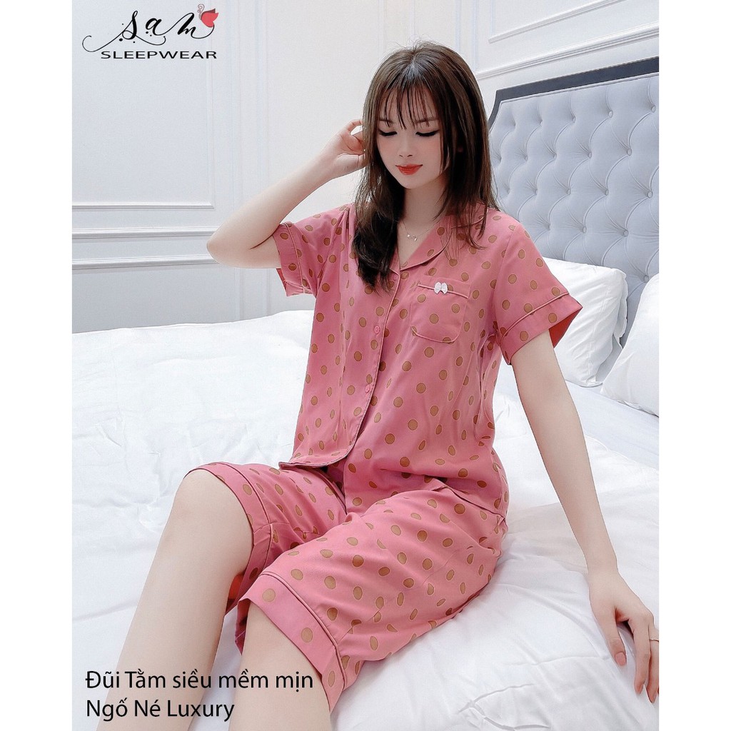 Đồ bộ nữ, Bộ pijama Đũi lạnh Sam 01 Tay Cộc Quần Lửng chấm bi to hàng thiết kế cao cấp