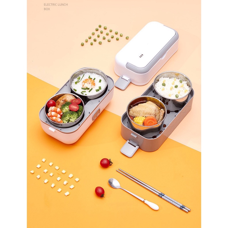 Hộp cơm điện hai tầng bốn bát inox, tự nấu chín, hâm nóng đồ ăn tiện lợi
