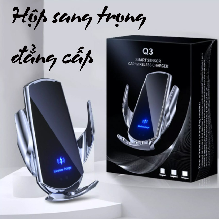 Giá đỡ điện thoại thông minh kiêm sạc không dây 15W Q3 gắn trên ô tô. Sạc chuẩn Qi xoay 360độ cảm ứng hồng ngoại Ecomtop